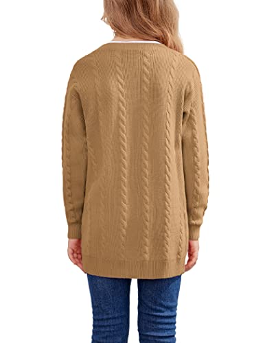 Hopeac Big Girls Fall Outerwear Open Front Chunky Knitted Popcorn Sweater Casual Long Sleeve Uniform Cardigan 10-12 Years Khaki #TOP5