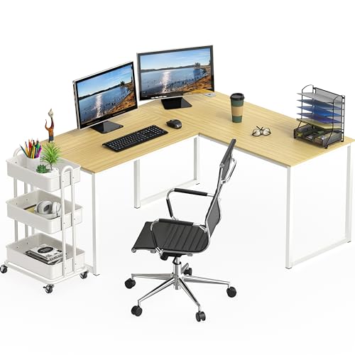 Image of SHW Mission 55 x 60 Inches L-Shape Home Office Computer Desk, Oak