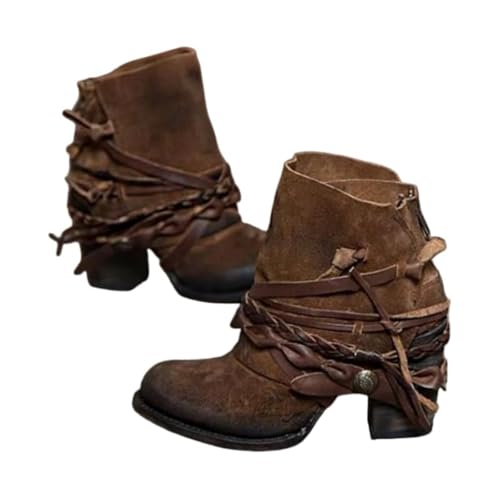 heluqu Women's Boho Ankle Boots Vintage Cowboy Chunky Suede Heel Ankle Booties for Women Western Cowgirl Boots Casual Motorcycle Leather Shoes
