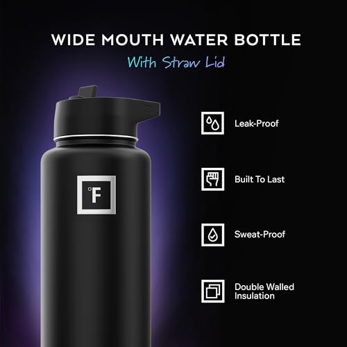 IRON °FLASK Camping & Hiking Hydration Flask with Straw, Wide Mouth Insulated Stainless Steel Sports Water Bottle - 32 oz Black Marquina