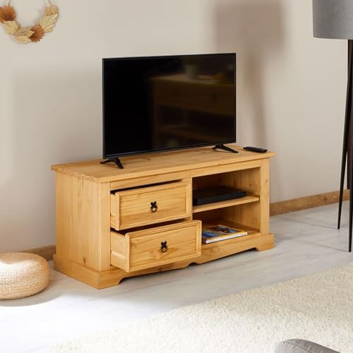 IDIMEX Meuble TV Tequila L 120 cm en Bois Massif Brun avec 2 tiroirs et 2 niches, Meuble de Salon Style Mexicain, pour télévision jusqu'à 127 cm