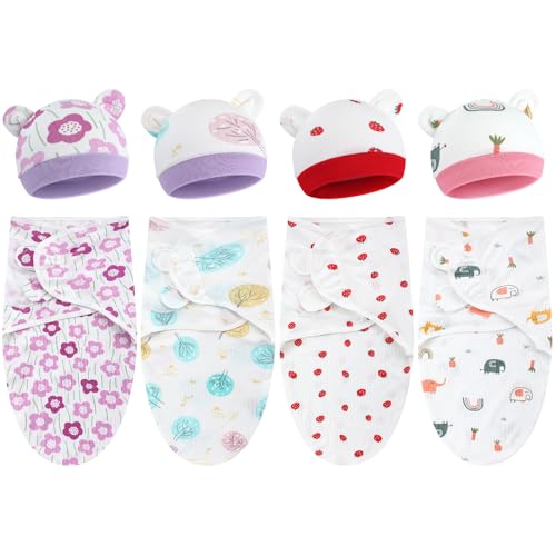 Image of Buryeah 4 Pack Preemie Swaddle Blanket Wrap Set with Hat for Baby Boys Girls 3-7 Lbs Preemie Newborn Clothes Sleepers Cap