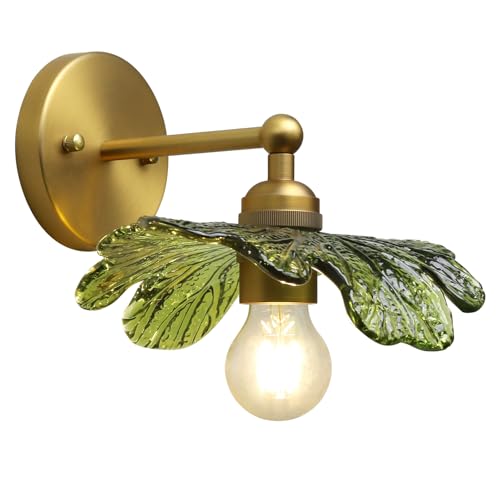 Image of Phansthy Hardwired Wall Light Boho Brass Finish Vintage Wall Sconce with Green Leaf Shaped Glass Shade, Vanity Lighting Suitable for Bathroom Living Room Hallway (Antique Gold)