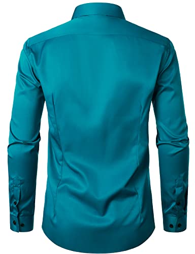 Lucmatton Men's Stylish Stretch Wrinkle-Free Dress Shirt Formal Long Sleeve Slim Fit Button Down Shirts For Wedding Party Teal X-Large #TOP3