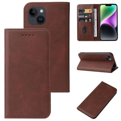 Étui iPhone 15 rabat support mains libres protection antichoc marron