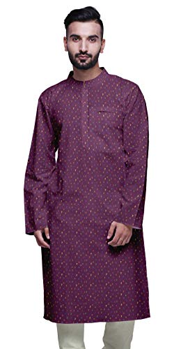 Atasi Mens Summer Kurta Shirt Printed Long Kurta Cotton Poplin Ethnic Shirt Dark Magenta