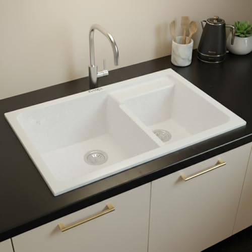 Image of EVANEX Quartz Kitchen Sink | 31x18x9 Inch Double Bowl Sink for Kitchen | Granite Topmount /Undermount Kitchen Sinks | Rosa Double Sink with Connector, Waste Pipe, Coupling and Drain Basket