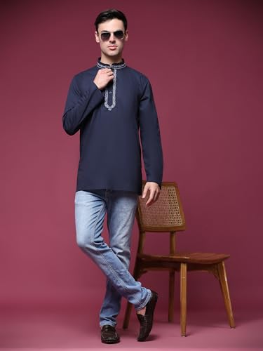 Image of SKAVIJ Men's Cotton Embroidered Kurta Shirt - Long Sleeve Traditional Indian Tunic for Casual