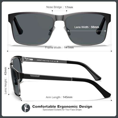 CARFIA Metal Mens Sunglasses Polarized - UV400 Protection Cool Shades with Grid Pattern & Leather Case CA52234