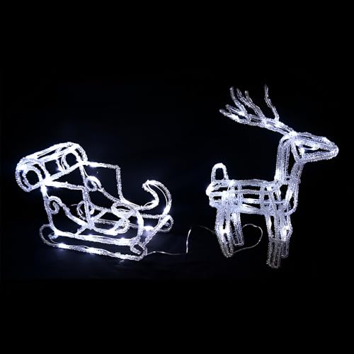 COSE DA CASA Slitta di Babbo Natale con Renna Illuminata 64 Luci LED Bianco Freddo Ghiaccio Decorazione Natalizia per Interno e Esterno