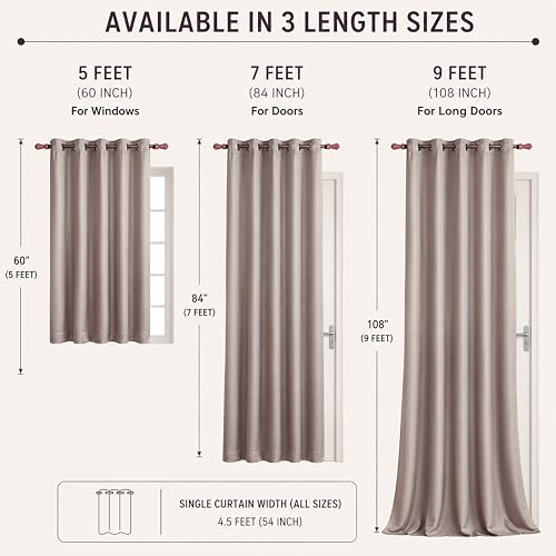 Image of Clasiko Champagne Taupe Blackout Eyelet Door Curtains Set of 2, (7 Feet) 54 x 84 Inches, Room Darkening & Noise Reduction Curtains with Tiebacks