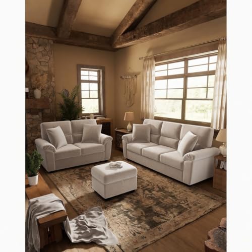 Image of Anderson Sofa Set for Living Room | Sectional Sofas | Premium Leather Sofa for Home Office | Leather Sofa Set | Leatherette Sofa (Beige Fabric, 3+2 Seater with Ottoman)
