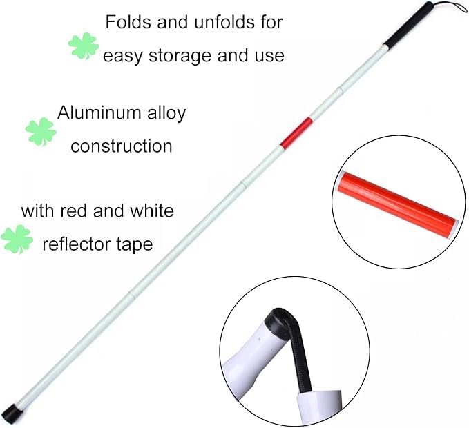 4 Folding Walking Stick for Blind, Partially Sight People with Red Reflected Tape Knob Handle (White) 4 Folding Walking Stick for Blind, Partially Sight People with Red Reflected Tape Knob Handle (White)