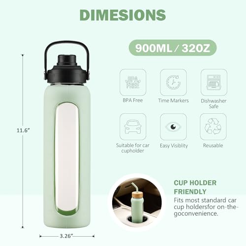 Image of 32 oz Glass Water Bottle with Straw - 2 Lids (Bamboo & Spout Lid), 1L Motivational Borosilicate Glass Daily Water Intake Bottle with Time Marker, Silicone Sleeve for Home Office-Light Green