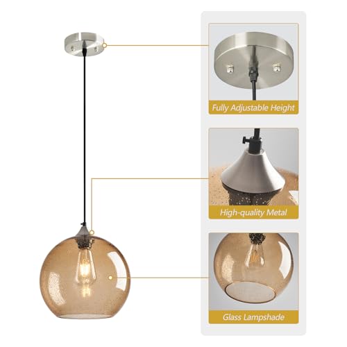 Image of Light Brown Glass Pendant Lights Kitchen Island Globe Pendant Light Fixtures Modern Pendant Lighting for Bedroom Living Dining Room Light Fixture (9.84 in, 2 Pack)