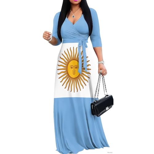 Hdjxbdhsv Argentina Dresses for Women Plus Size Argentina Flag Warp V Neck 3-4 Sleeve Sundress with Poctets