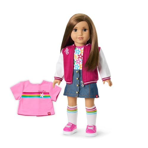 Image of Bundle of American Girl, Truly Me 18-inch Doll #107 with Brown Eyes, Straight Brown Hair, Light-to-Medium Skin, for Ages 6+ + Truly Me 18-inch Doll Outfit, Pink & Preppy Outfit, for Ages 6+