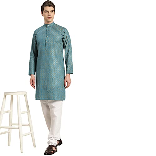 Image of SOJANYA (Since 1958 Men's Cotton Linen Blue Foil Printed Kurta and White Pyjama Set