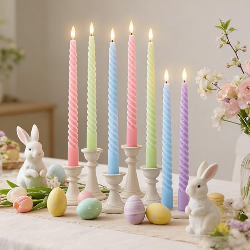 Whaline 8Pcs 10 Inch Easter Pastel Spiral Taper Candles Dripless Twisted Wax Candles Long Unscented Candle Sticks for Spring Home Party Dining Table Supplies