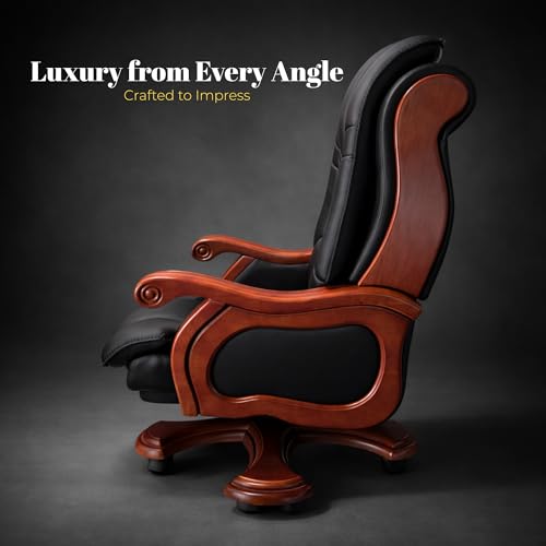Image of Lakdi The Furniture High-Back Pure Leather Office Chair with Recliner, Swivel, Adjustable Height, Armrests, and Lumbar Support for Boss /Director & Executive - 111011282 BLK PL