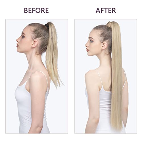 RUNATURE Ponytail Hair Extensions Real Human Hair 12 Inch Blonde Highlight Ponytail Extensions 70g Natural Straight Ponytail Human Hair Extensions - Image 2