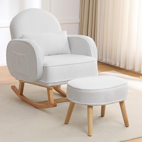 Image of HCHAIRH Rocking Chair Nursery with Ottoman Footrest, Upholstered Glider Rocker with High Backrest and Side Pocket, Rocking Accent Armchair with Solid Wood Legs for Nursery, Living Room, Bedroom White