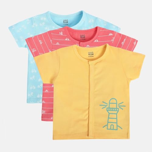 Image of miniklub Baby Round Neck Knitted Cotton Printed Front Open Vest, Pack of 3 (Multi Color)