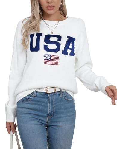Image of Womens American Flag Sweater Crew Neck Casual Pullover Sweater