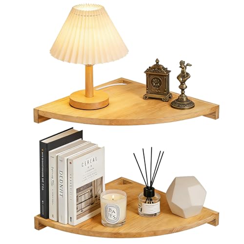 BYZESTY Eckregal Hängend 2er Set, 27,5 cm Eckregal Holz, Wandregal Eiche Massiv, Wandregal Holz für Ecke, Eck Wandregal für Wohnzimmer Küche Schlafzimmer