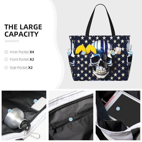 Blue Stripe Stars Skull Large Capacity Foldable Tote Bag Women Beach Tote Bag Handbag Gym Bag Travel Shopping Bag3