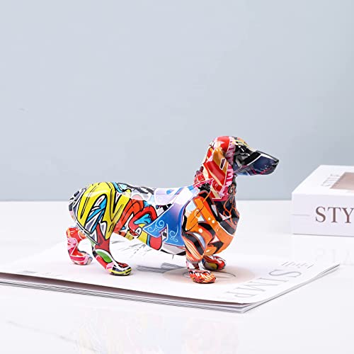Kreative bemalte bunte Dackel Hund Dekoration Zuhause Modern Weinschrank Büro Dekor Desktop Harz Handwerk Miniaturen Statue (21,8 x 7,9 x 14 cm)