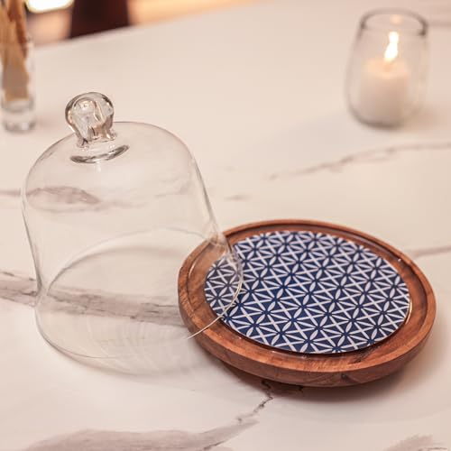 Image of Candy Cloud Acacia Wood Cake stand with Glass Dome | Multipurpose Dessert & Cupcake Display | Serving Cake Plate with Dome Lid | Pastry Stand