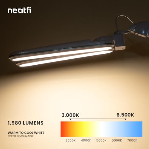 Image of Neatfi Elite HD XL LED Desk Lamp | 3 Light Modes | Non-Polar Dimming | 17 Inches Wide | Eye-Caring Desk Light for Home Office, Drafting, Beauty Shop, Workbench (Green Ring, CCT with Clamp)