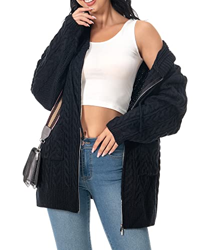 Image of Shineflow Women Hooded Cardigan Oversized Slouchy Zipper Cable Knit Cardigan Coat Solid Color Sweater Casual Knit Knitwear
