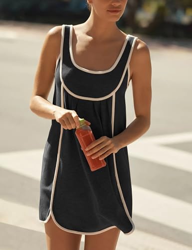 Image of Megfie Womens Casual Summer Dress Pleated Sleeveless Crewneck Tank Dress Loose Sundress Athletic Mini Dress(0865-Black-L)