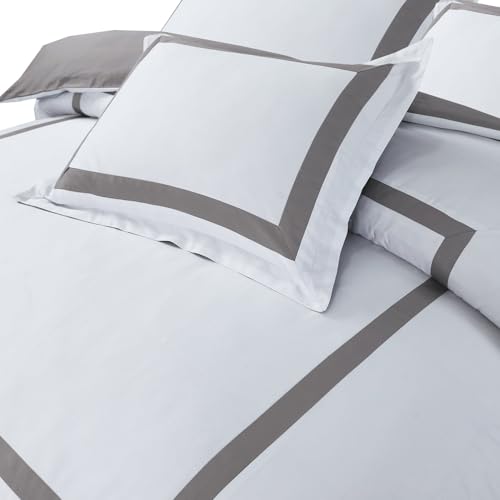 Majestic Giftware Madison Linen 8-Piece Twin Size Bedding Set (BL2-T-8) | Province Hotel Collection-White-Taupe Tape 400 TC Cotton Sateen | 2 Fitted Sheets, 2 Duvets, 4 Pillowcases