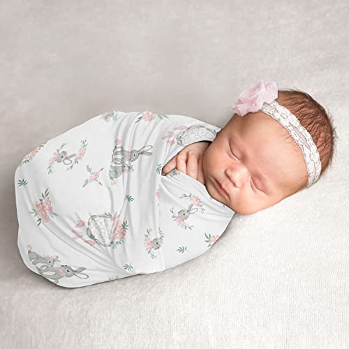 Image of Sweet Jojo Designs Woodland Bunny Floral Girl Swaddle Blanket Jersey Stretch Knit for Newborn or Infant Receiving Security - Blush Pink and Grey Boho Watercolor Rose Flower Forest