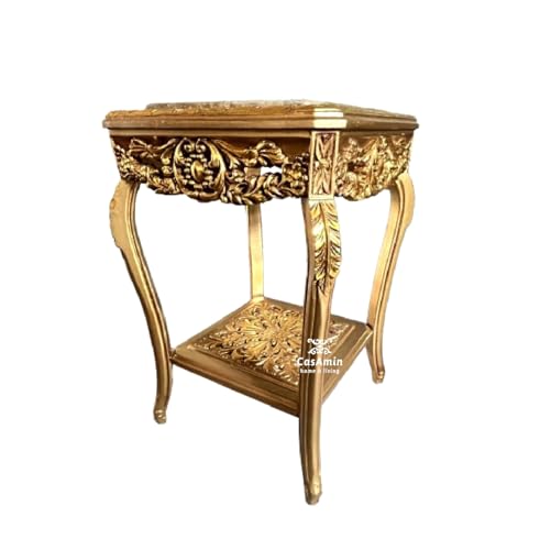 Goldener Quadratischer Beistelltisch im Französischen Barock Rokoko Stil, Handgefertigter Beistelltisch aus Holz mit Kamelfarbener Marmorplatte, Goldener Couchtisch, Teetisch als Wohndekoration