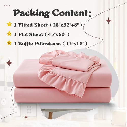 Image of KKJIAF 3 Piece Toddler Sheet Set Microfiber, Includes a Flat Sheet, a Fitted Sheet and a Ruffle Pillowcase, Light Pink