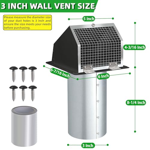 Image of 3 Inch Dryer Vent Cover Wall Vent Hood with Screen and Damper,Outdoor Dryer Vent Cover Outside Exhaust Vent Cover for Duct Bathroom Air Ventilation,Wall Mount Extractor Vent Cap,Galvanized Steel,Black