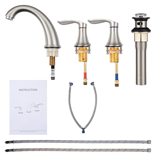 Bathroom Sink Faucet, Faucet for Bathroom Sink, Widespread Brushed Nickel Bathroom Faucet 3 Hole with Stainless Steel Pop Up Drain and cUPC Lead-Free Hose - (Brushed Nickel 2 Packs)