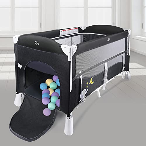 Portable Baby Playard, 4 In 1 Convertible Pack And Play With Bassinet, Nursery Center With Comfortable Mattress, 5 Height Adjustable Bedside Crib Grey #TOP5