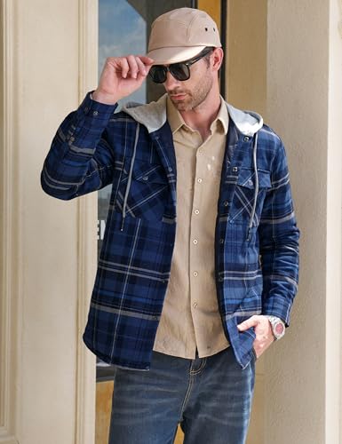 MAGCOMSEN Men's Quilted Lined Flannel Hoodie Jacket Cotton Button Down Shirt Jacket Long Sleeve Plaid Shirt Shacket2
