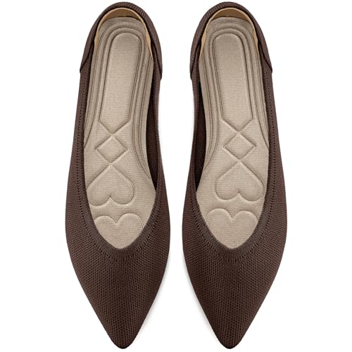 HARENCE Women's Flats Ballet Shoes: Comfortable Pointed Toe Soft Knit Flat Casual Slip On Work Dress Shoes for Walking Coffee
