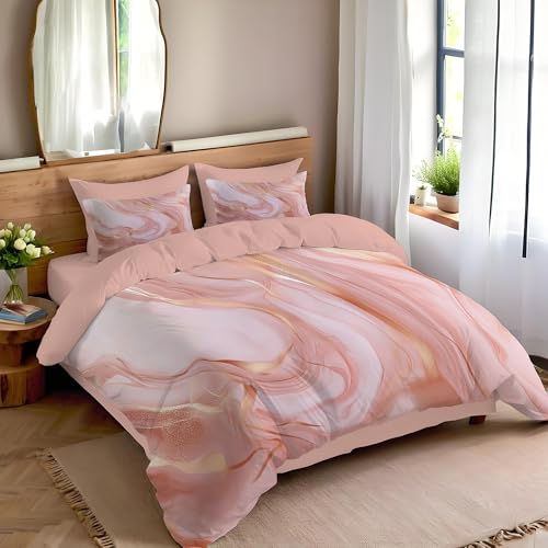 Housse de couette 140x200 anti-plis en microfibre douce parure lit marbre rose