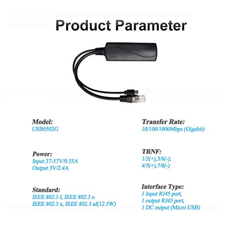 Image of REVOTECH PoE Splitter Micro USB 5V 2.4A 10 /100 /1000Mbps IP Camera CCTV Adapter (USB0502G Black)