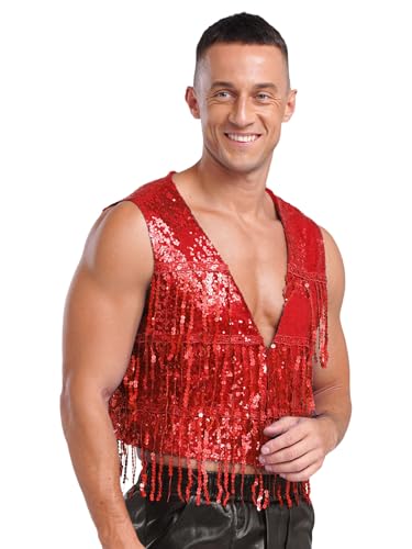 Jugaoge Mens Shiny Sequin Vest V-Neck Party Sleeveless Fringe Open Front Suit Waistcoat Jacket Tops2
