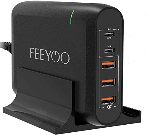 96W USB-C Power Adapter Charger with PD 3.0 Dual USB-C Ports 60W/18W & Quick Charge 3.0 3 Port for MacBook Pro 13/12 Inch 2020/2019/2018/2017, MacBook Air 2020/2018, iPad Pro, iPhone and More, Black