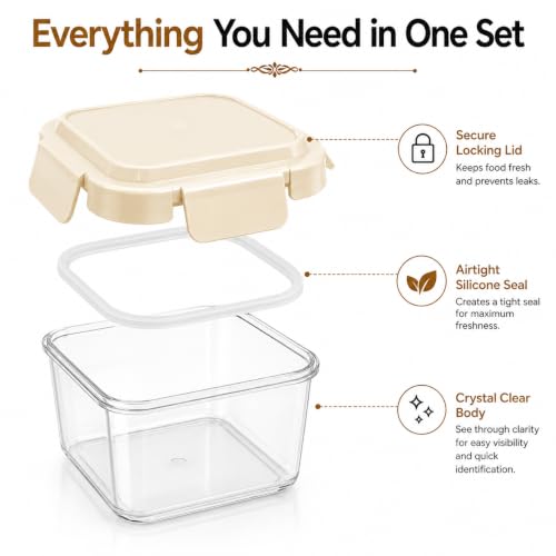 Image of Vasukie 6-Piece Airtight Plastic Food Storage Containers - Big Square Nesting Meal Prep Containers with Cream Airtight Locking Lids - Clear BPA-Free Kitchen & Pantry Storage Box Set