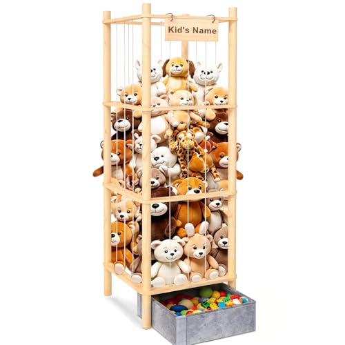 WORLDMX Stuffed Animal Storage with Toys Tray 57In Large Wooden Stuffy Plushies Storage Holder Extra Large Capacity Stuffed Animals Zoo Organizer for Toddler Rooms Playrooms & Bedrooms